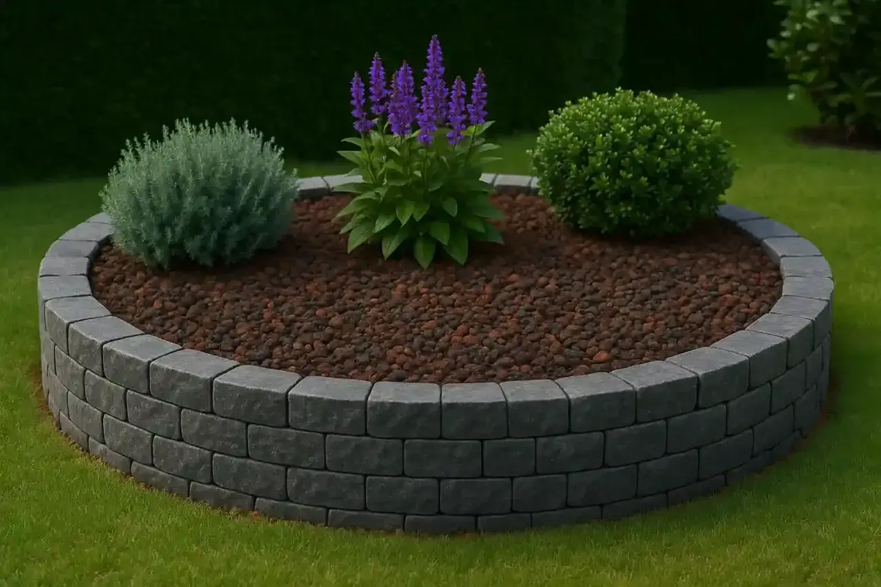 Aiuola circolare con bordura in pietra grigia, riempita di corteccia e piante verdi con fiori viola.