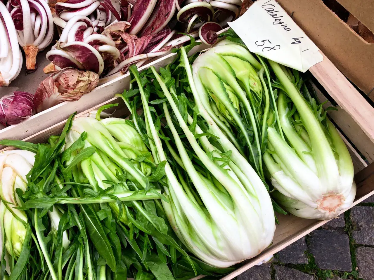 Catalogna verdura fresca e croccante, con radicchio viola in primo piano. Un cesto di bontà salutare.