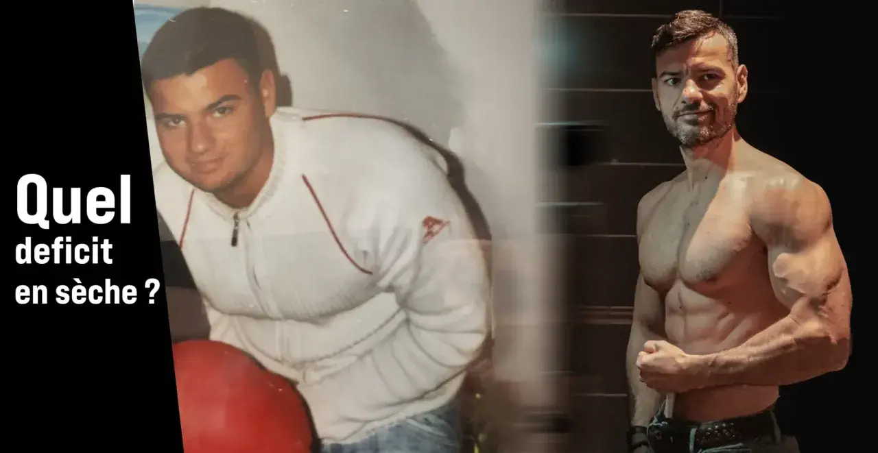 Avant/après transformation physique. L'image montre un homme avant et après avoir atteint un déficit calorique pour la sèche.