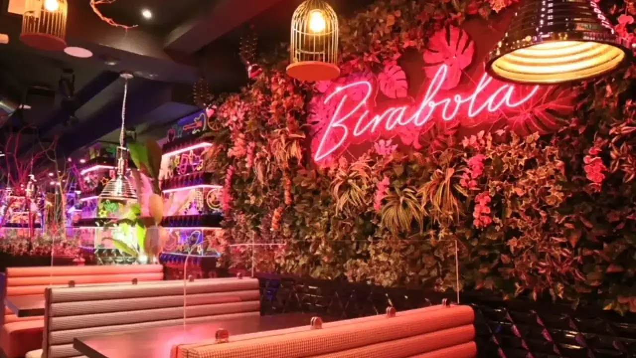 Un interior vibrante con un letrero de neón "Pirabola" sobre una pared de vegetación exuberante. Mesas y asientos de estilo cabina crean un ambiente acogedor, ideal para descubrir restaurantes originales en Zaragoza.