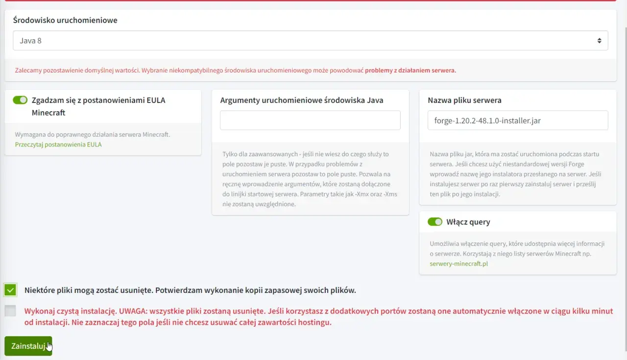 Instalacja serwera Minecraft z forge-1.20.2-48.1.0-installer.jar. Wybór środowiska Java 8.