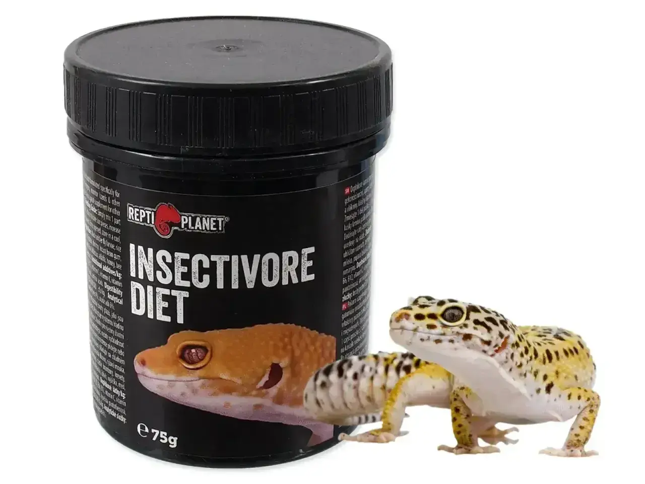 Gekon lamparci obok pojemnika z karmą "Insectivore Diet". To idealny pokarm dla każdego, kto chce wiedzieć, co je gekon.