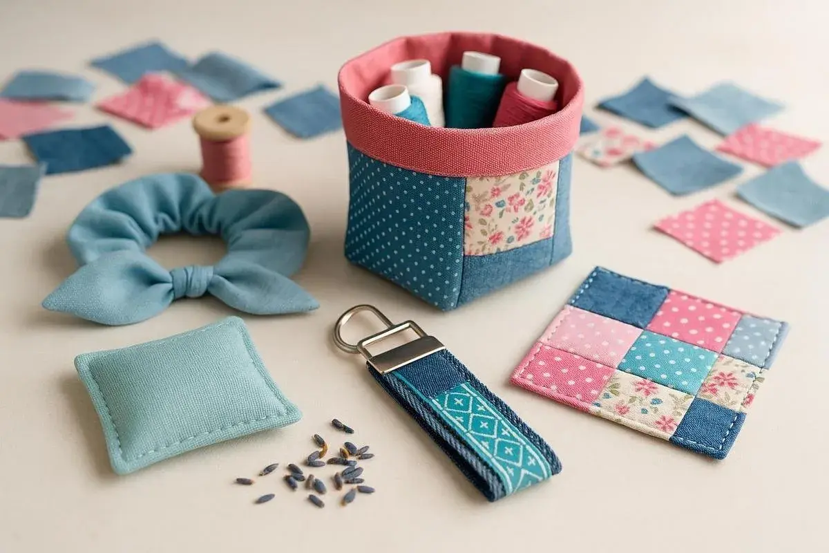 Kreative upcycling stoffreste: Nähkorb, Scrunchie, Schlüsselanhänger und Patchwork-Untersetzer aus bunten Stoffresten.
