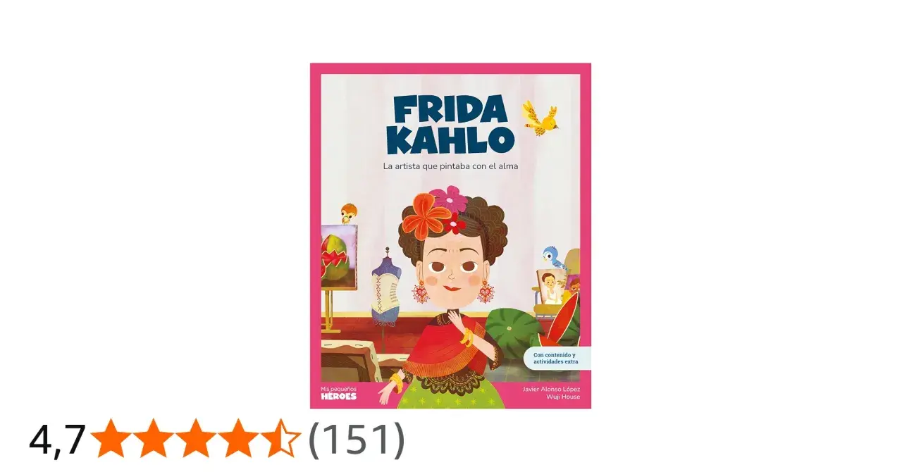 Ilustración de Frida Kahlo para niños, con su retrato y elementos de sus obras. Ideal para conocer las obras de Frida Kahlo para niños.