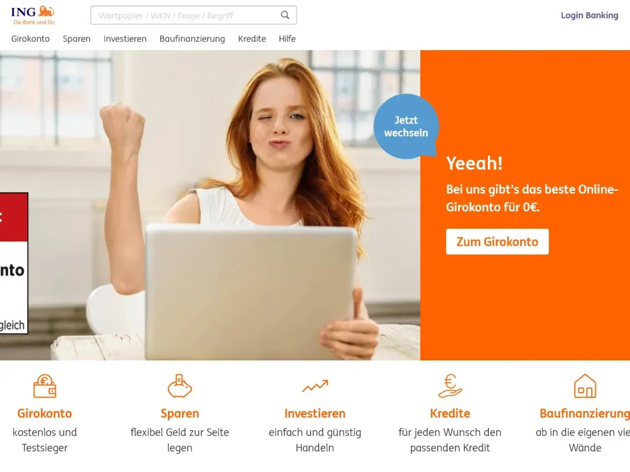 Junge Frau jubelt vor Laptop. ING wirbt mit "Yeeah! Online-Girokonto für 0€". Gute ING Diba Erfahrungen sind hier möglich.