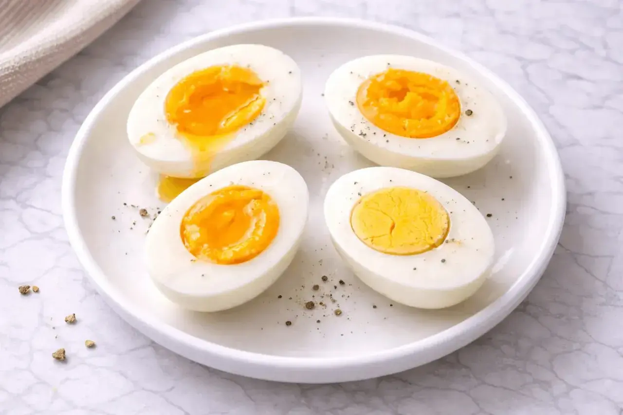 Quatre moitiés d'œufs durs sur une assiette blanche, certains avec un jaune coulant. Le temps d'un œuf parfait.
