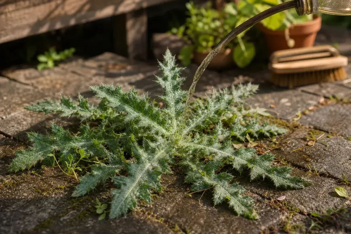 Wasserstrahl auf eine Distel auf Pflastersteinen, um sie zu entfernen. Eine Bürste liegt daneben.