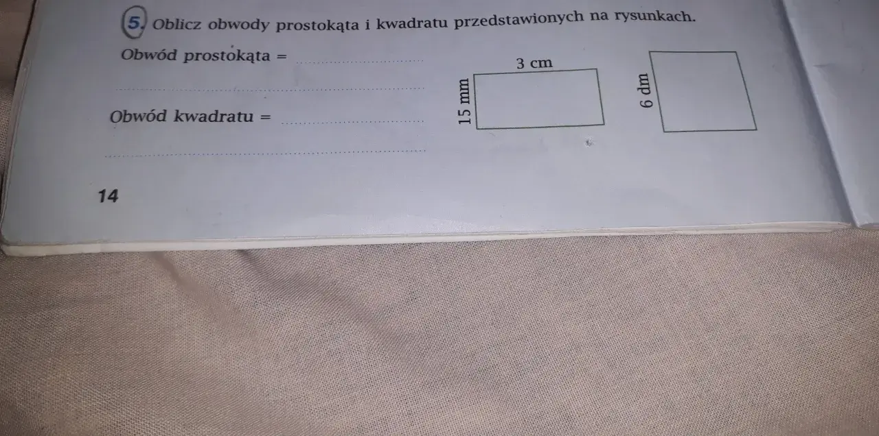 Prostokąt 3 cm x 15 mm i kwadrat 6 dm.