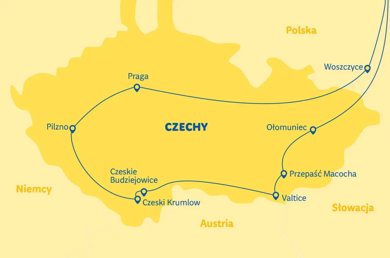 Mapa Czech z zaznaczonymi trasami turystycznymi, od Pilzna po Woszczyce, odkryj czeską Toskanię!
