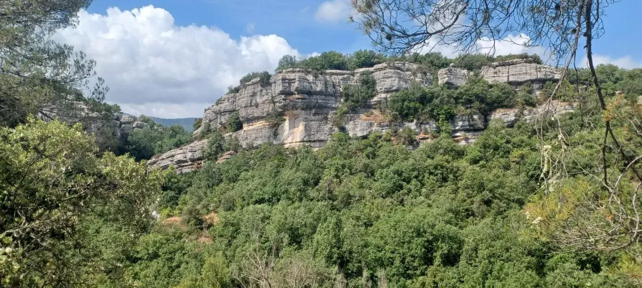 Falaises calcaires spectaculaires des gorges du Caramy, couvertes de végétation luxuriante sous un ciel bleu et nuageux.