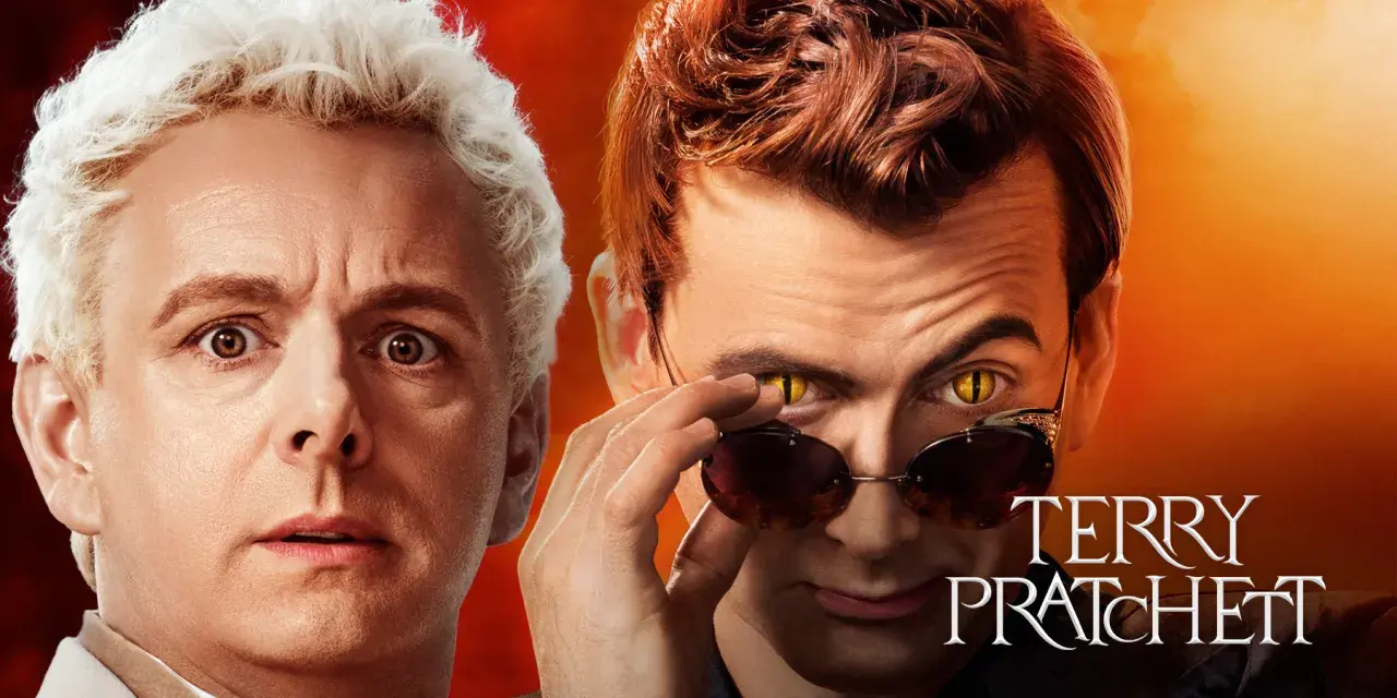 Deux hommes, l'un aux cheveux blancs et l'autre aux cheveux roux, se regardent. L'homme aux cheveux roux ajuste ses lunettes, révélant un œil jaune de serpent. L'image évoque "good omens lockdown".