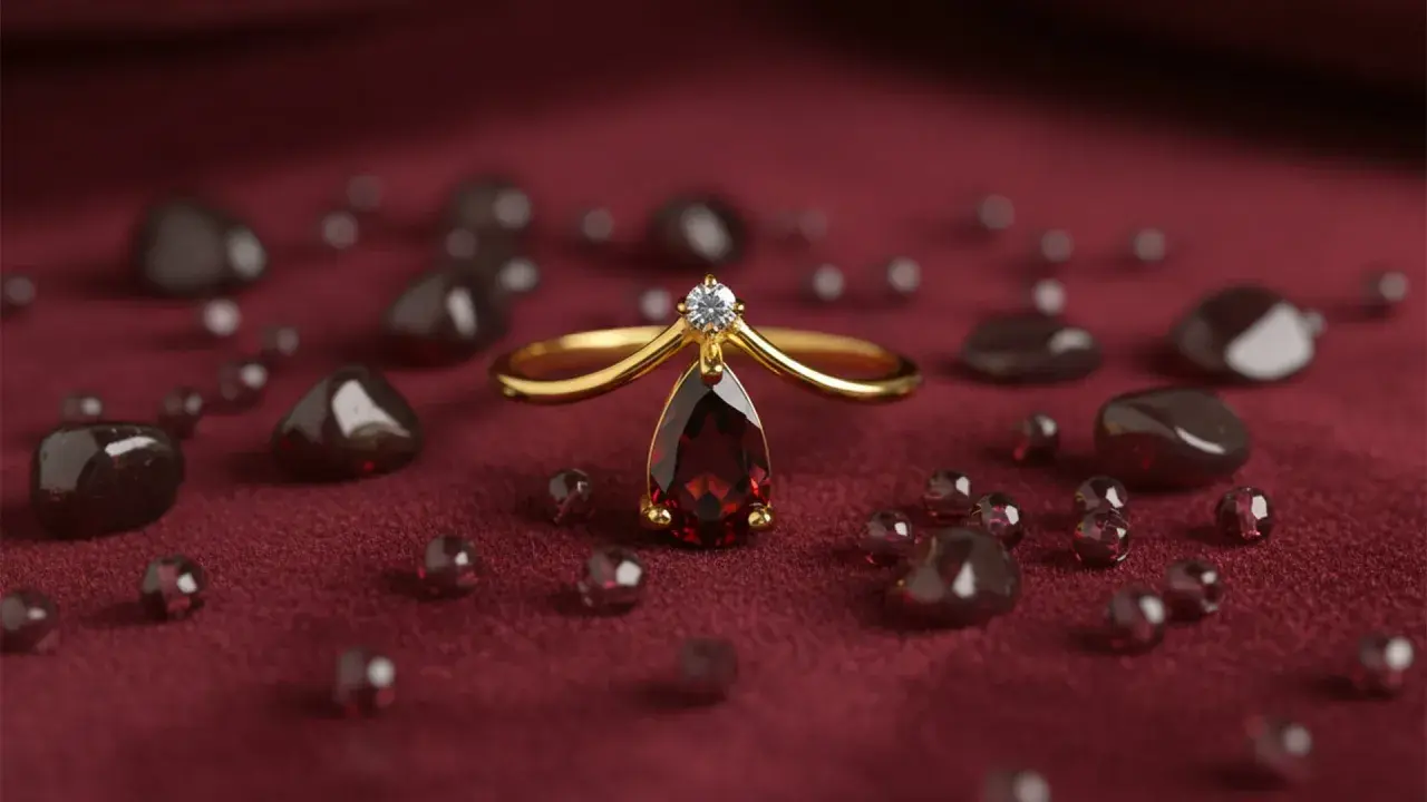 Anillo de oro con una lágrima de piedra enero y un diamante, rodeado de granates sobre tela burdeos.