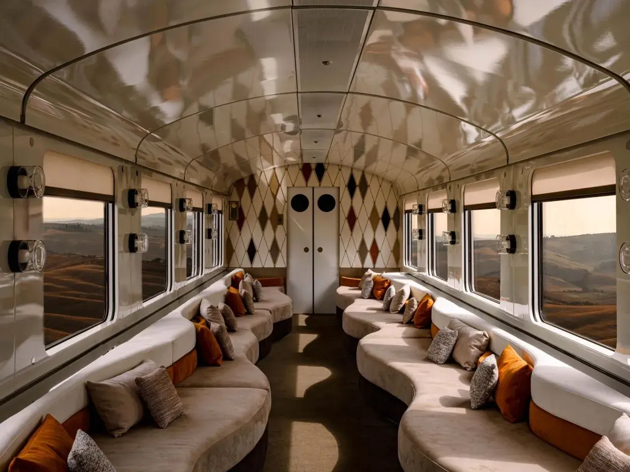 Luxuriöser Salonwagen des Orient Express. Geschwungene Sofas mit Kissen laden zum Entspannen ein, während die Fenster den Blick auf malerische Landschaften freigeben.