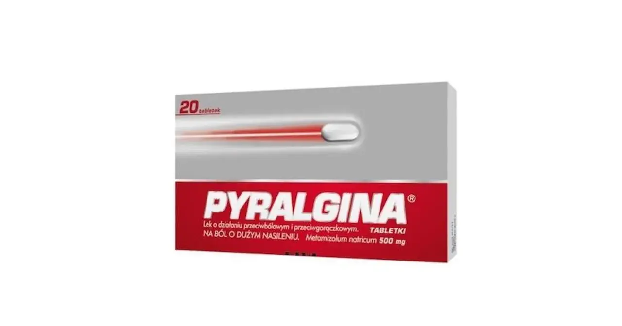 Opakowanie Pyralginy 20 tabletek na silny ból i gorączkę.