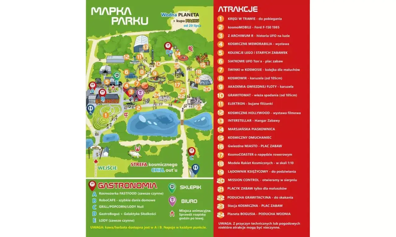 Mapa parku z atrakcjami, w tym kosmiczne ranczo z karuzelami i placami zabaw.