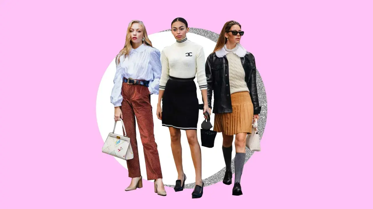 Tres mujeres lucen estilos que definen qué es preppy: una con blusa blanca y pantalón de lunares, otra con jersey de cuello alto y falda negra, y la tercera con chaqueta de cuero, jersey de ochos y falda plisada.