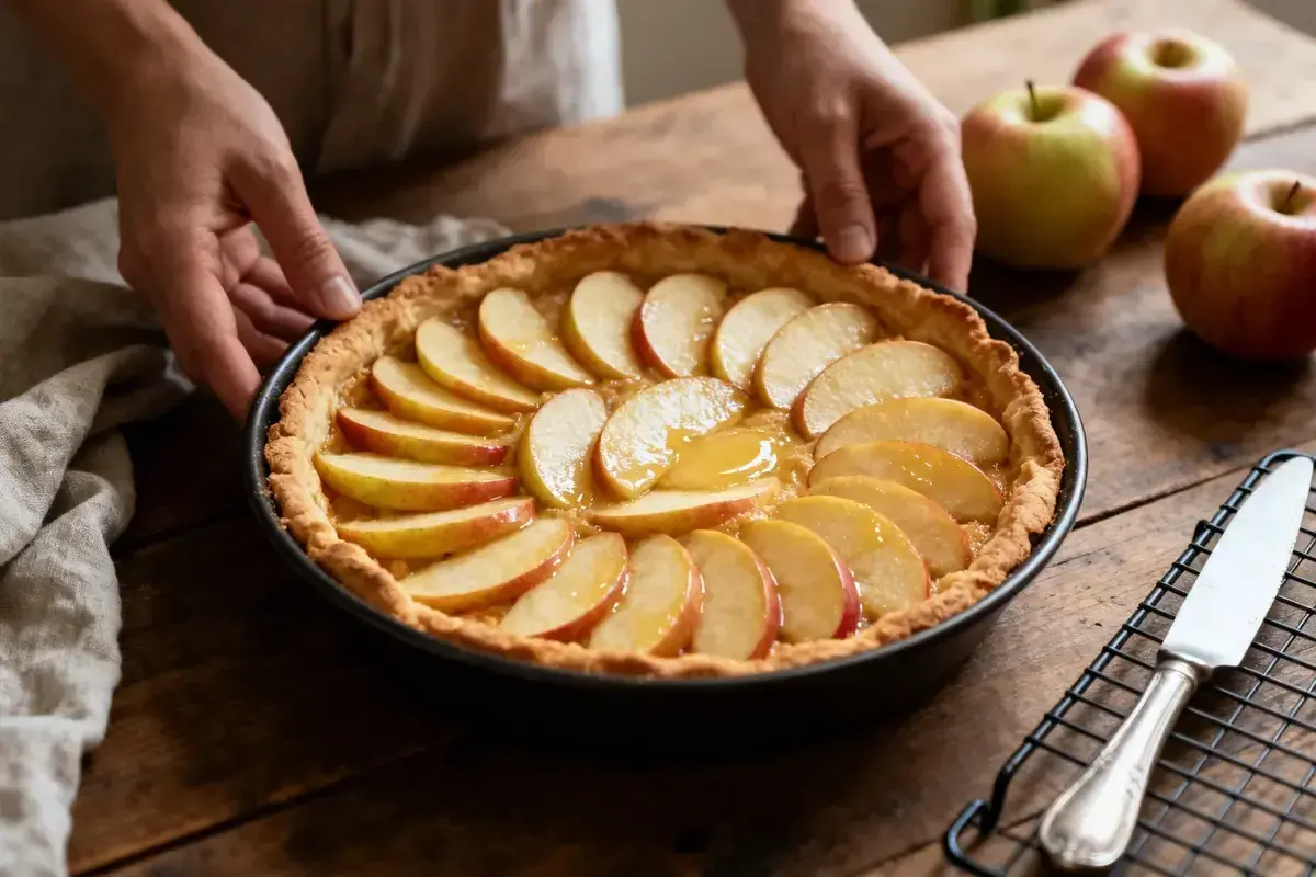 Une tarte aux pommes simple, garnie de fines tranches de pommes et d'un glaçage doré, prête à être dégustée.