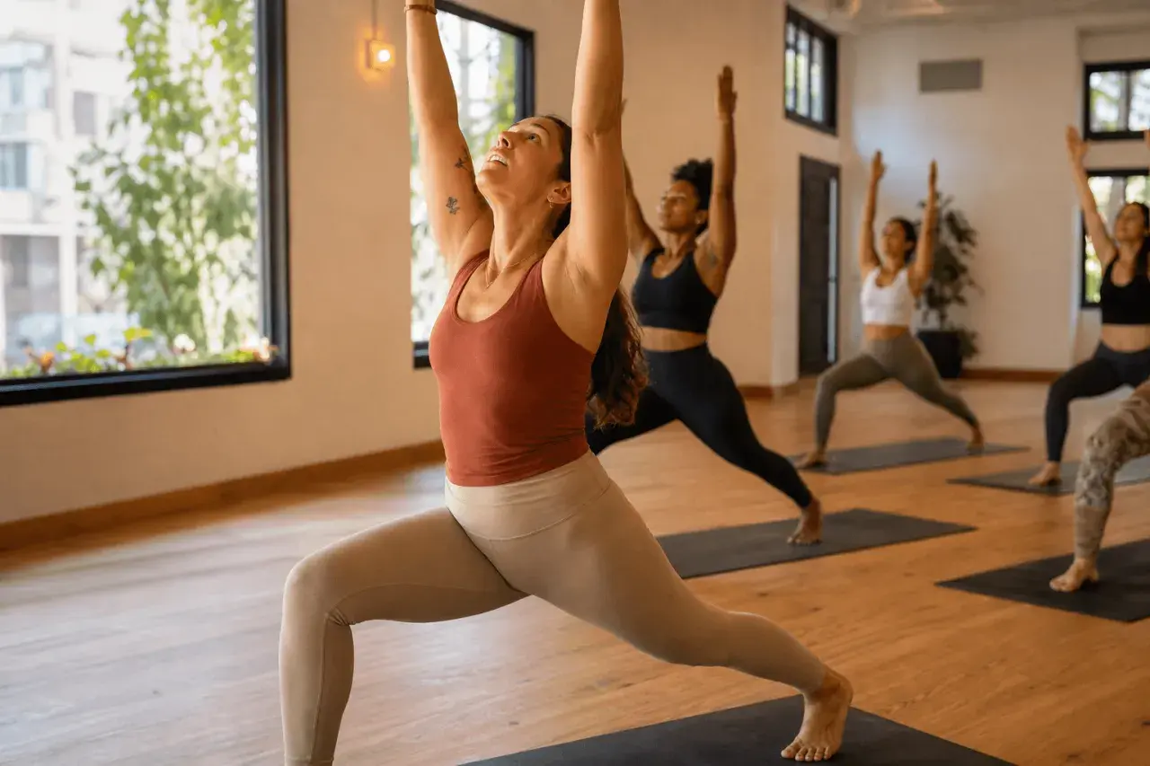 Des femmes pratiquent le yoga vinyasa, un enchaînement fluide de postures, dans un studio lumineux.