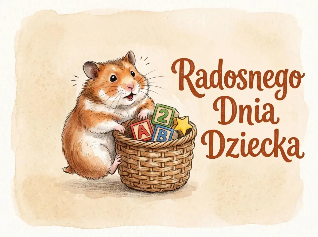 Uroczy chomik z koszykiem klocków i gwiazdką. Graficzne, śmieszne życzenia na Dzień Dziecka.