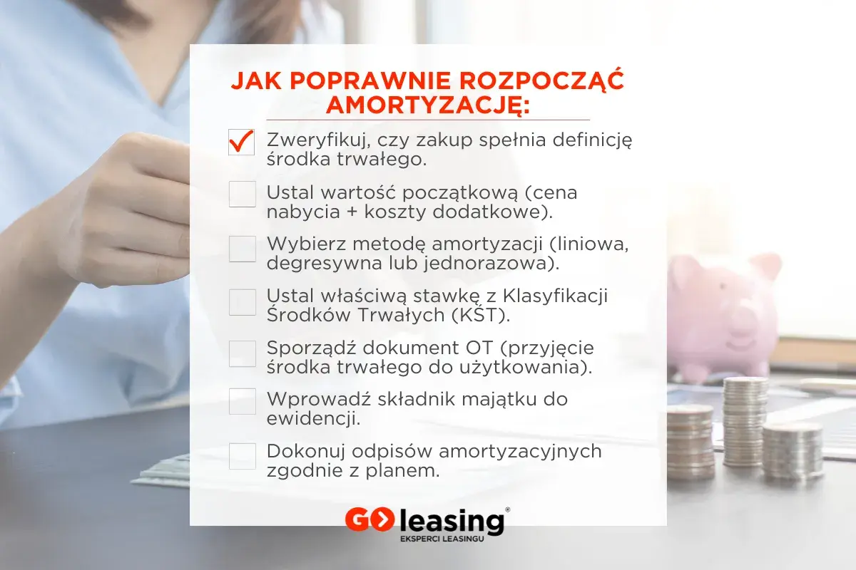 Jak rozpocząć amortyzację środków trwałych: weryfikacja, ustalenie wartości, wybór metody, stawki KST, dokument OT, ewidencja i odpisy.