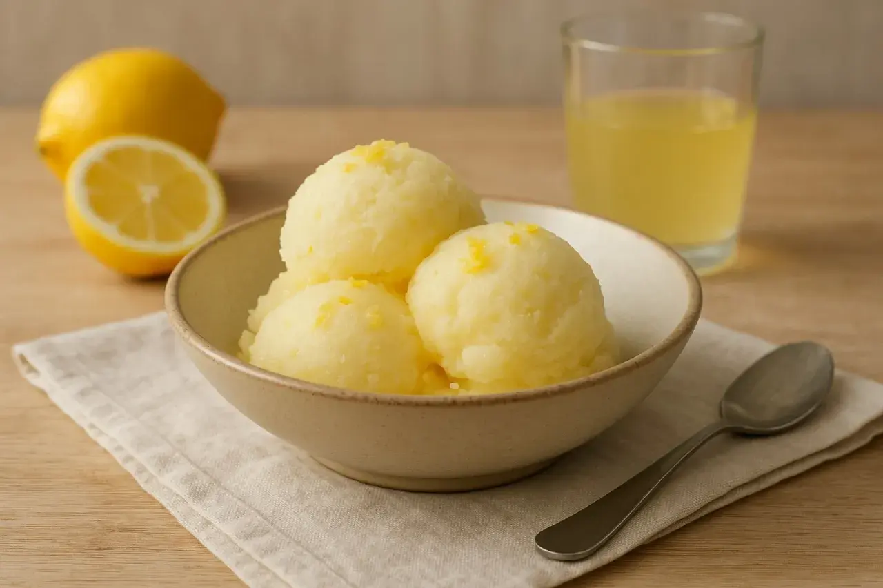 En skål med tre kulor **limoncello sorbet**, garnerad med citronskal. Bredvid finns en halv citron, en hel citron och ett glas med gul vätska.