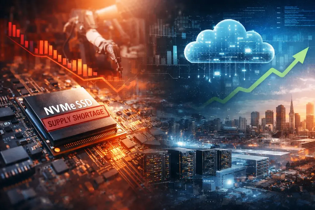 Un composant de stockage flash NVMe SSD avec "SUPPLY SHORTAGE" est superposé à une ville futuriste et un nuage symbolisant le cloud.