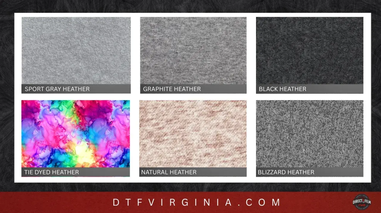 Six fabric swatches: Sport Gray, Graphite, Black, Tie Dyed, Natural, and Blizzard Heather. The heather core of these fabrics offers a unique texture.