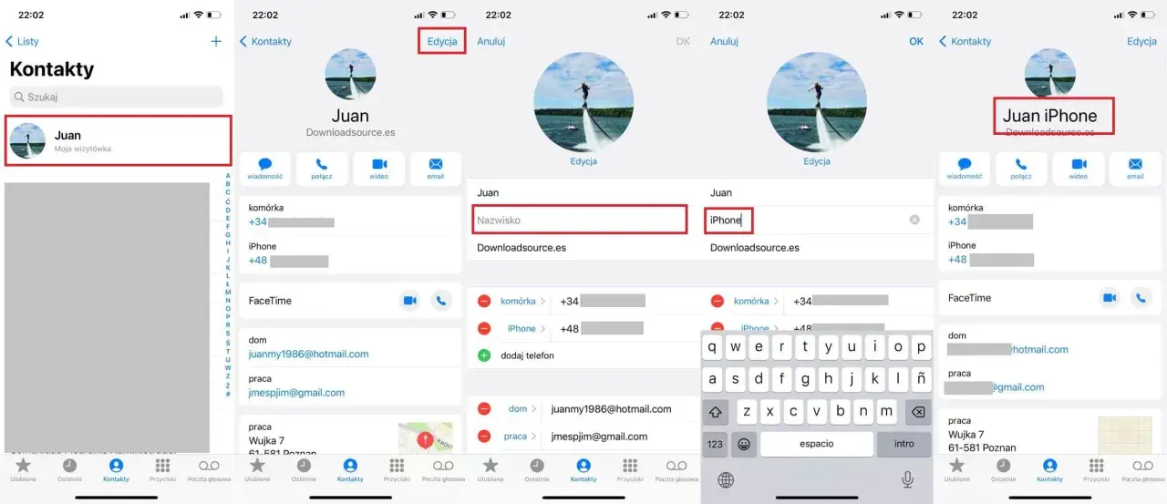 Zrzuty ekranu z iPhone'a pokazujące edycję nazwy kontaktu "Juan" na "Juan iPhone".