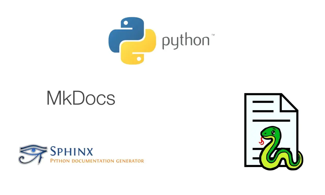 Logo Python, MkDocs et Sphinx, générateurs de documentation. Le serpent Python sur un document symbolise la fonction help Python.