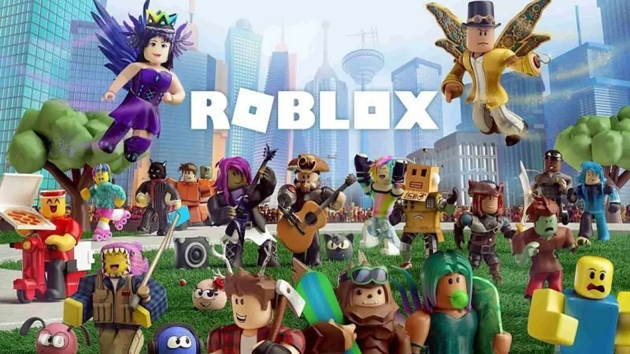 Mnóstwo postaci z fajnych gier na Roblox, w tym latająca wróżka, muzykanci i dostawca pizzy, na tle miasta.