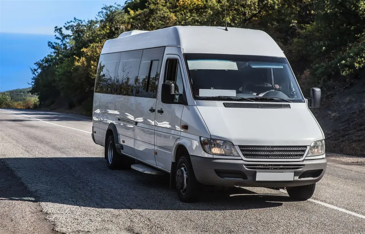 Weißer Kleinbus von Polen nach Deutschland fährt auf einer Straße durch eine hügelige Landschaft.