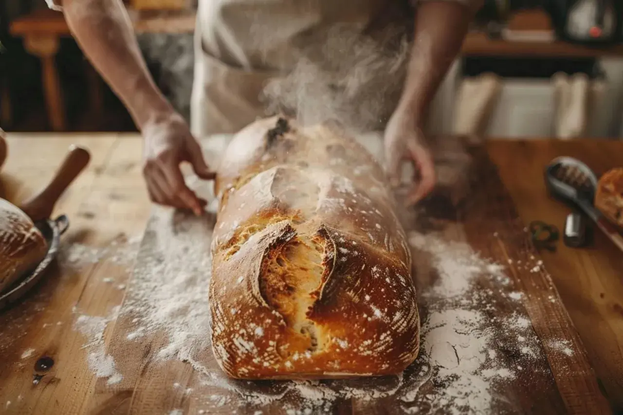 Un pain maison tout juste sorti du four, dégageant une vapeur invitante. La croûte dorée et craquelée promet une texture parfaite pour cette recette de pain maison.