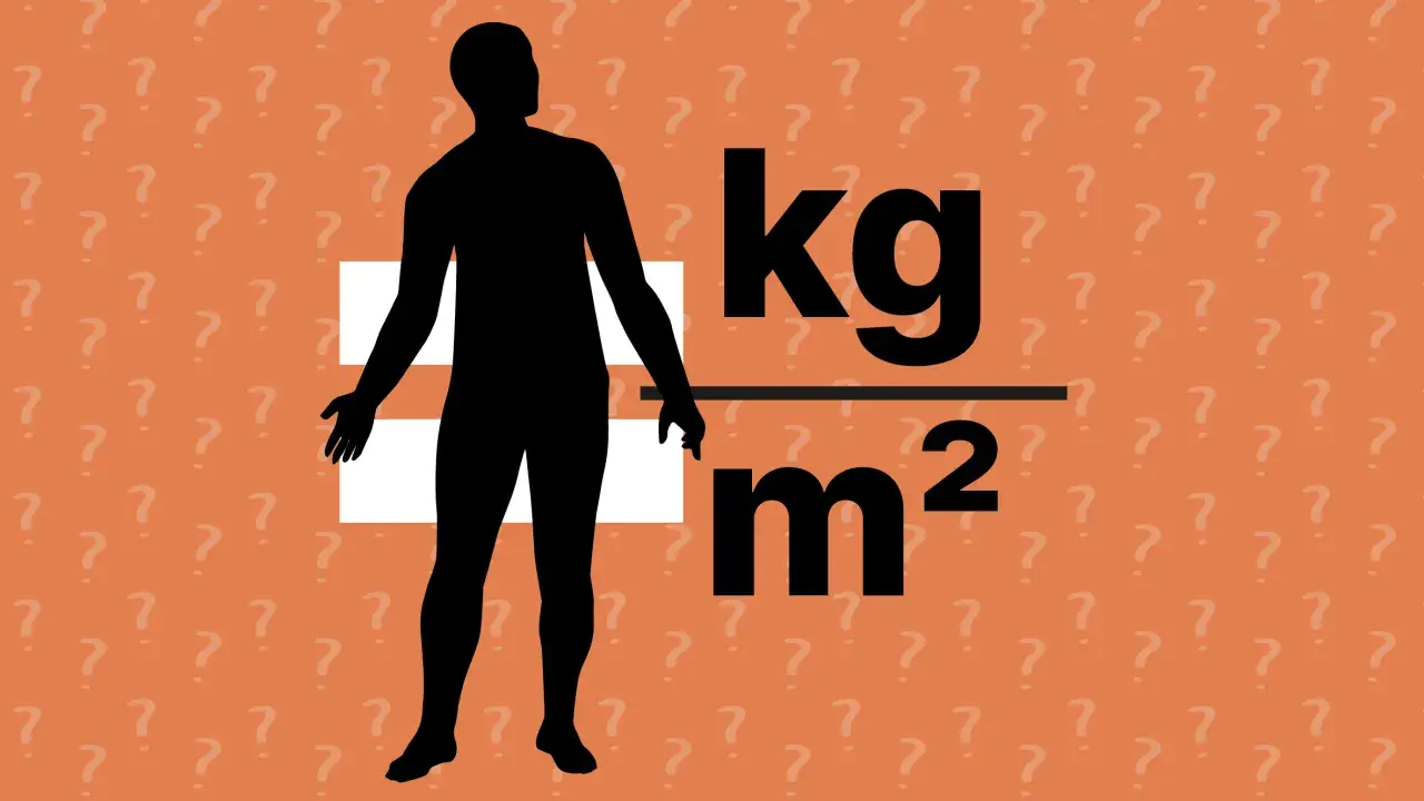 Schwarze Silhouette eines Mannes neben der BMI-Formel (kg/m²). Viele Fragezeichen im Hintergrund deuten auf Kritik am BMI hin.