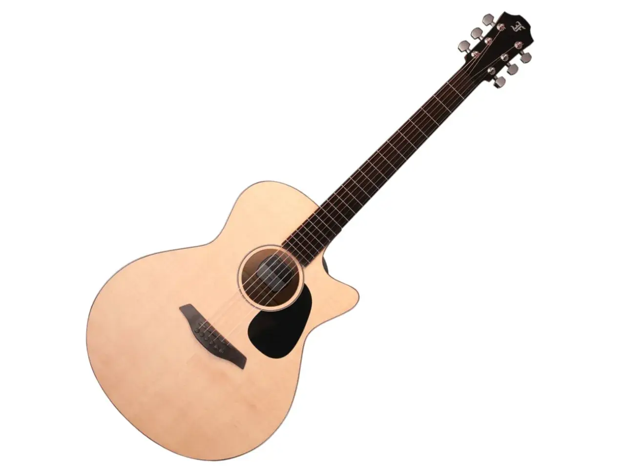 Jasna gitara akustyczna elektryczna z czarnym pickguardem i ciemną główką.
