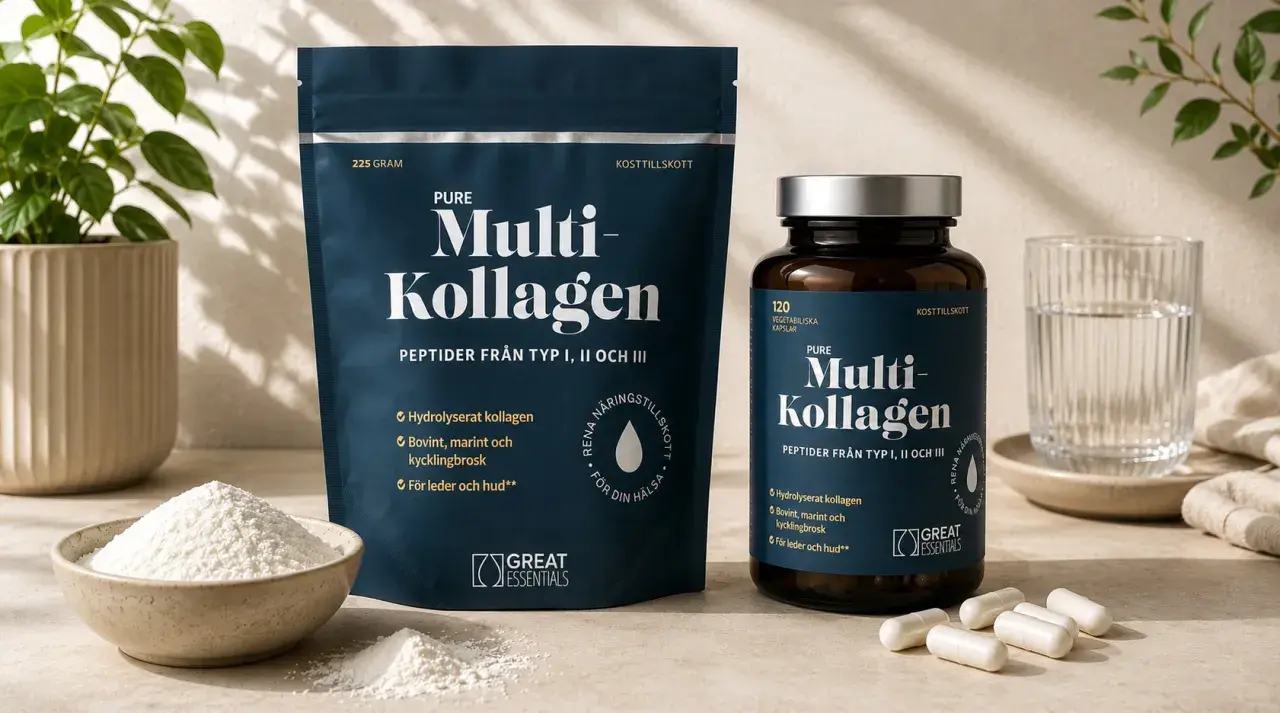 En påse och en burk med Multi-Kollagen, samt en skål med kollagenpulver. Perfekt kollagen mat för din hälsa.