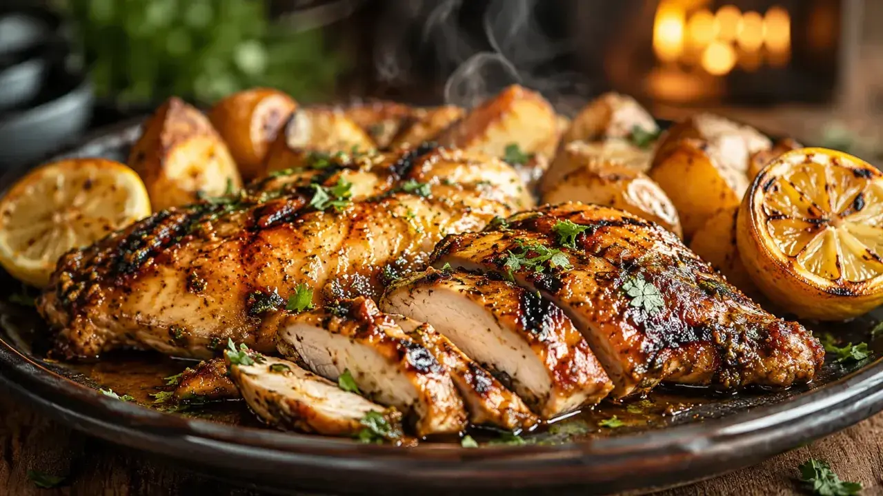 Délicieux poulet grillé, coupé en tranches, baignant dans sa marinade, accompagné de pommes de terre rôties et de quartiers de citron.