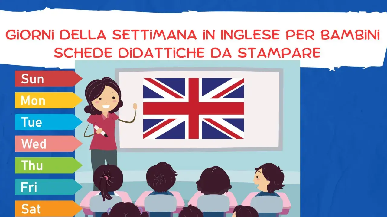Bambini imparano i giorni della settimana in inglese con schede didattiche. La maestra mostra la bandiera britannica.