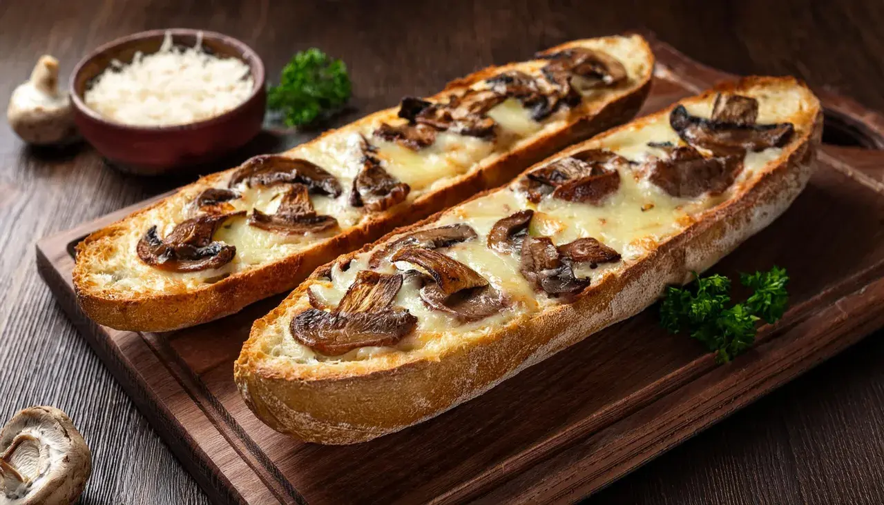 Dwie chrupiące zapiekanki z airfryer z pieczarkami i ciągnącym się serem na drewnianej desce.