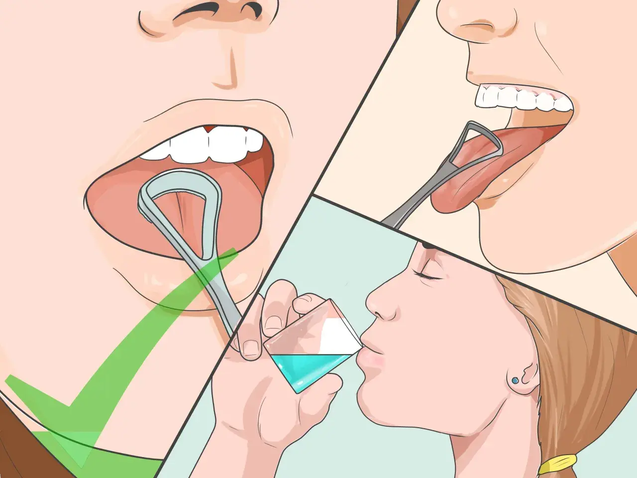 Immagine mostra come pulire la lingua con un puliscilingua e poi sciacquare la bocca.