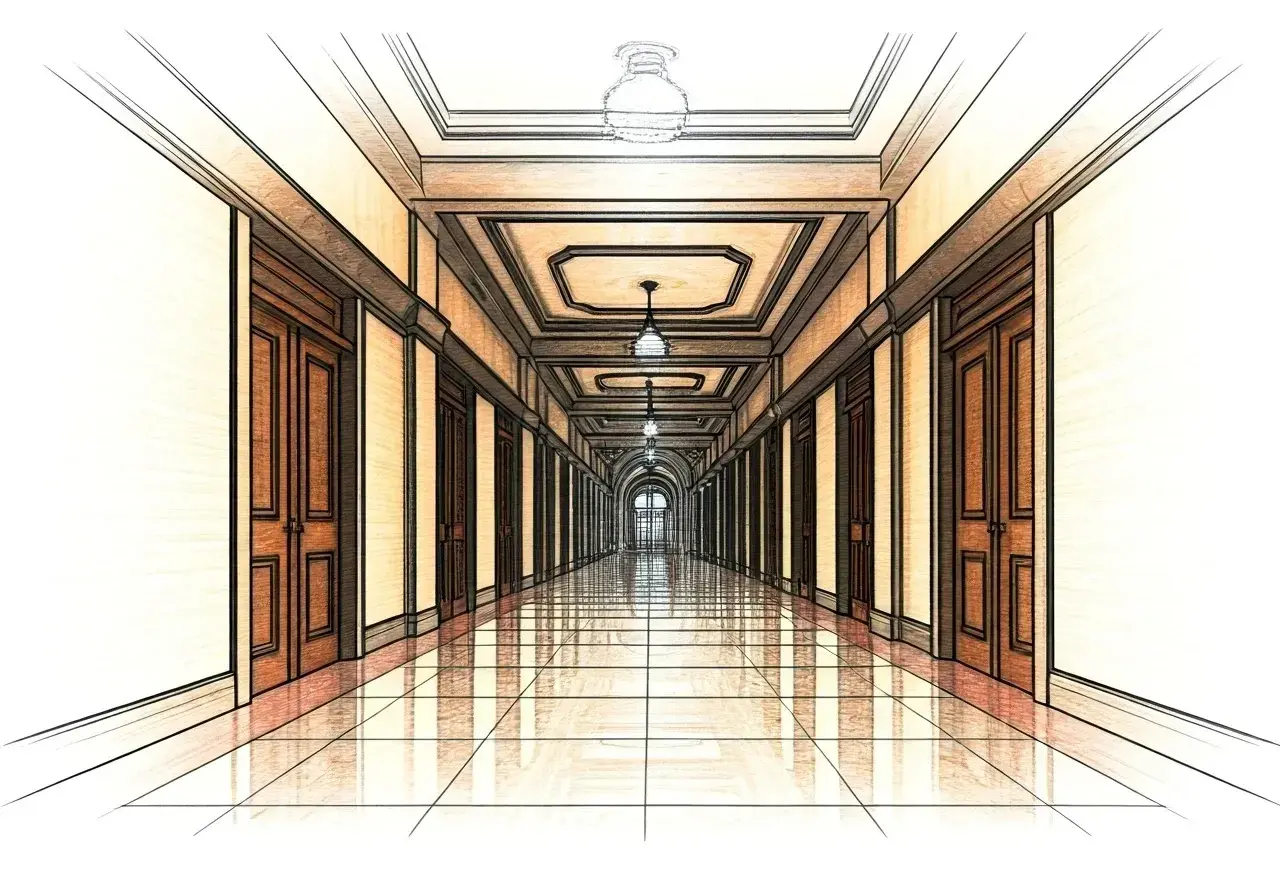 Długi, elegancki **corridor po polsku** z rzędem drzwi po obu stronach i błyszczącą podłogą.