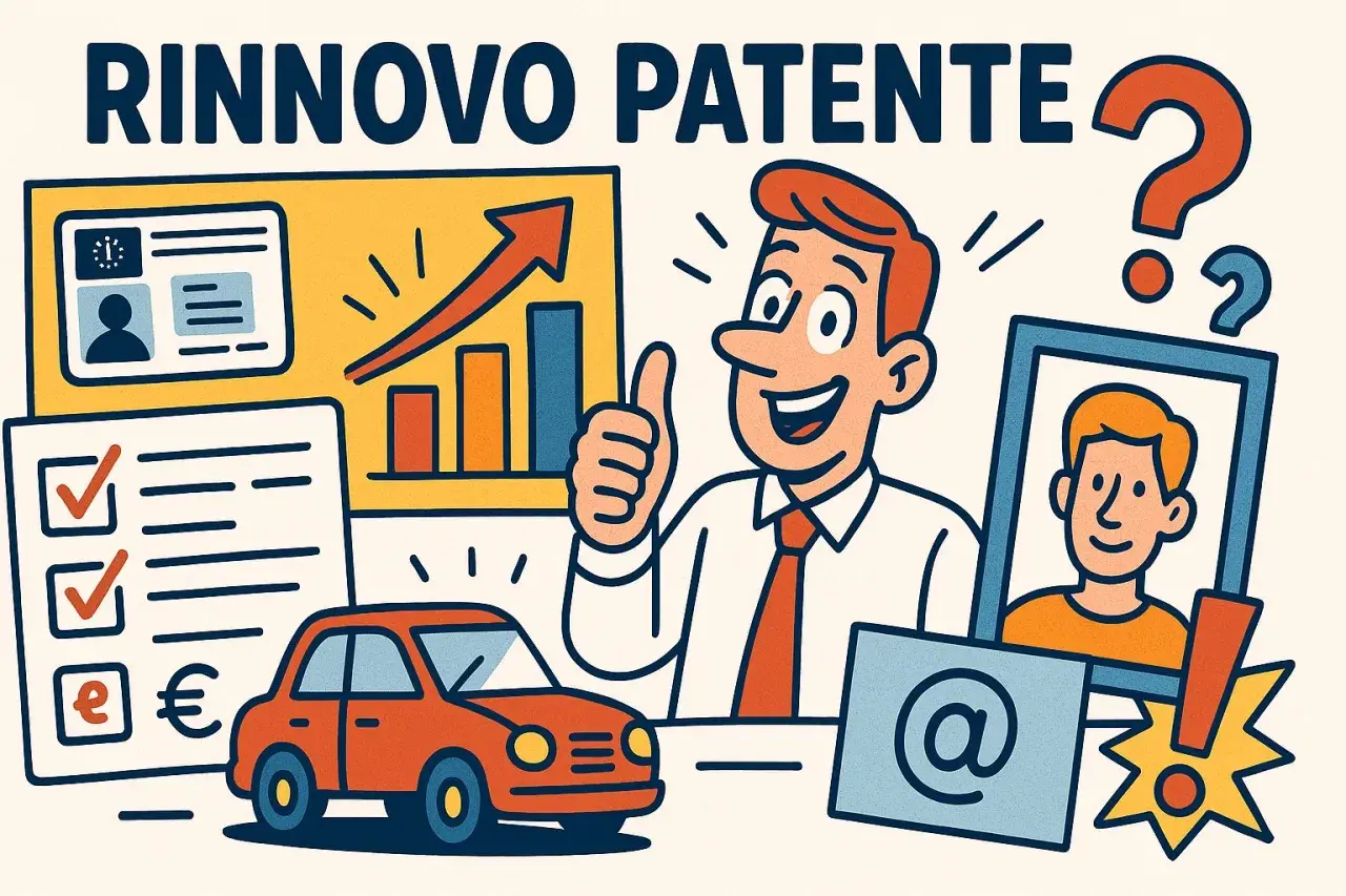 Rinnovo patente: uomo sorridente con pollice in su, grafico in crescita, auto, documenti e foto tessera.