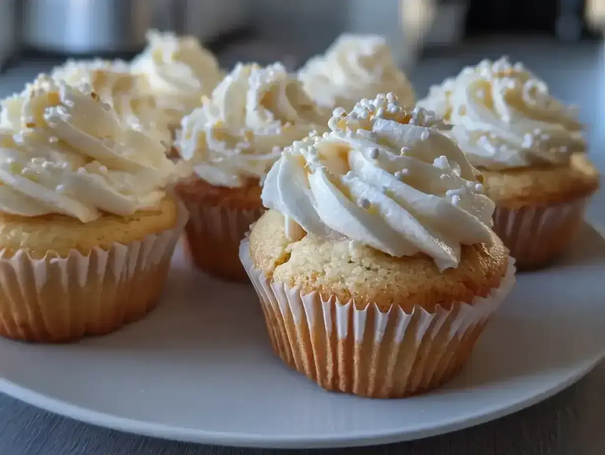 Fluffiga cupcakes med vit frosting och strössel, perfekta för ett enkelt cupcakes recept.