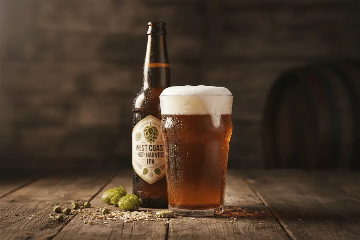 Boccale di birra IPA schiumosa accanto a una bottiglia di West Coast Hop Harvest IPA, con luppolo e chicchi sparsi su un tavolo di legno.