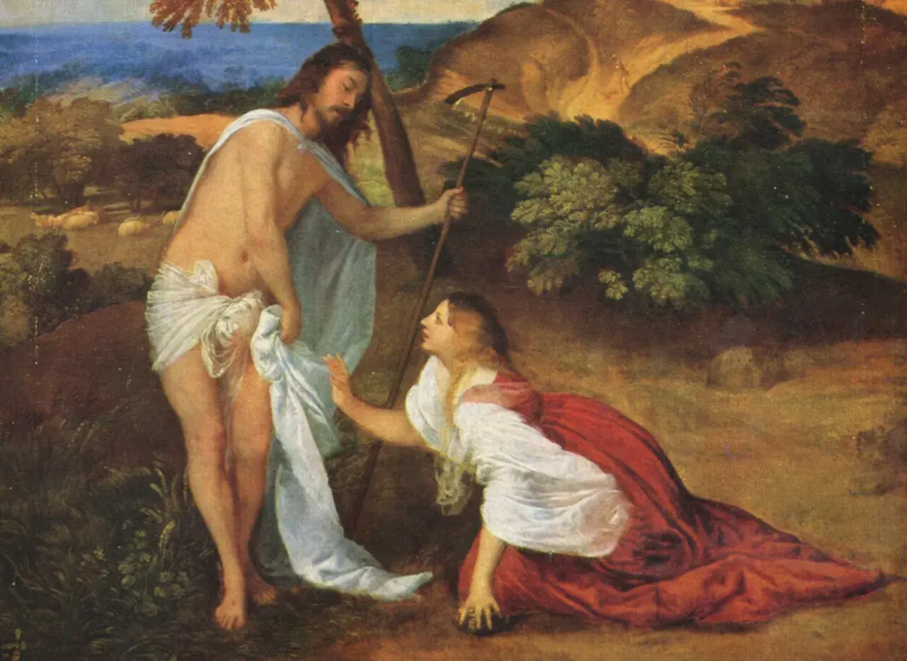Maria Magdalena, klęcząca u stóp zmartwychwstałego Chrystusa, symbolizuje wiarę i oddanie.