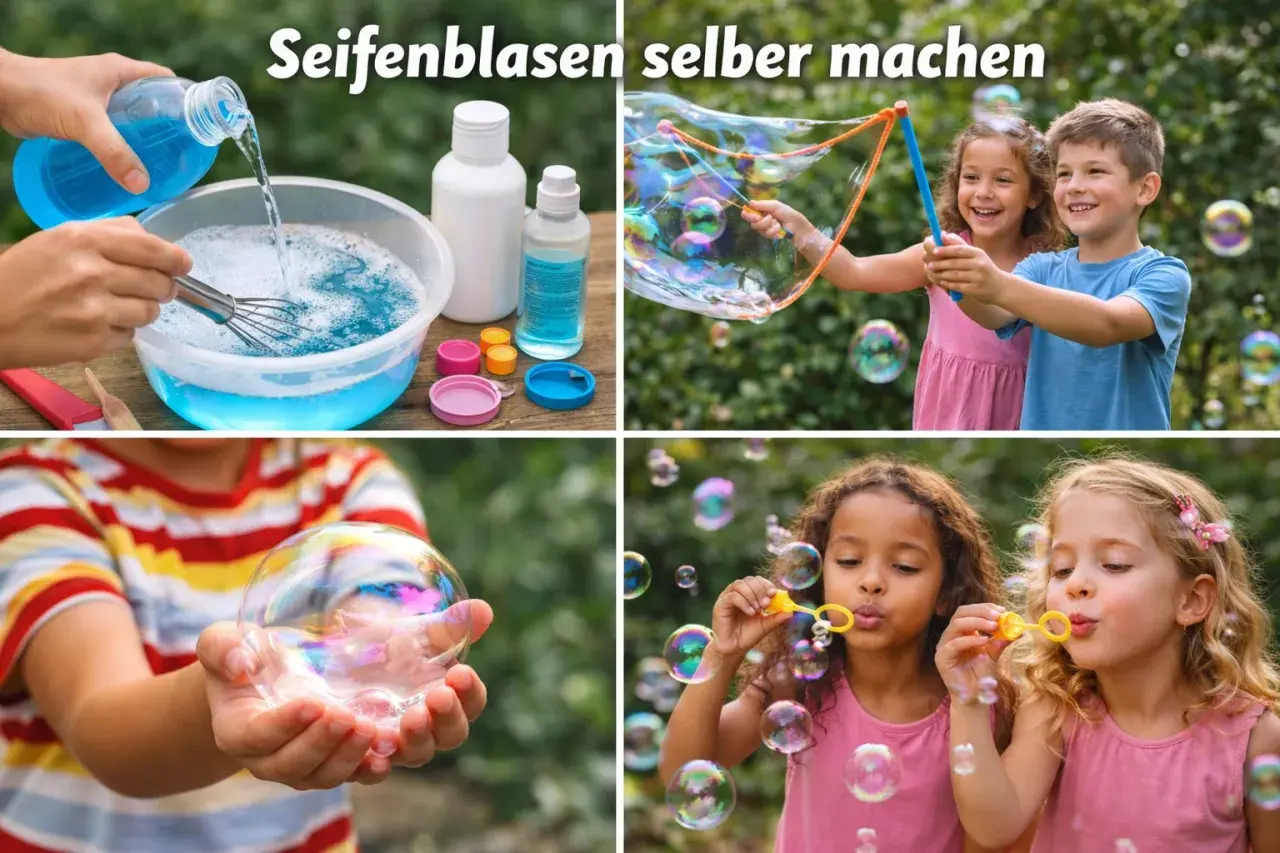 Kinder machen Seifenblasen selber, mischen die Flüssigkeit an und pusten bunte Blasen.