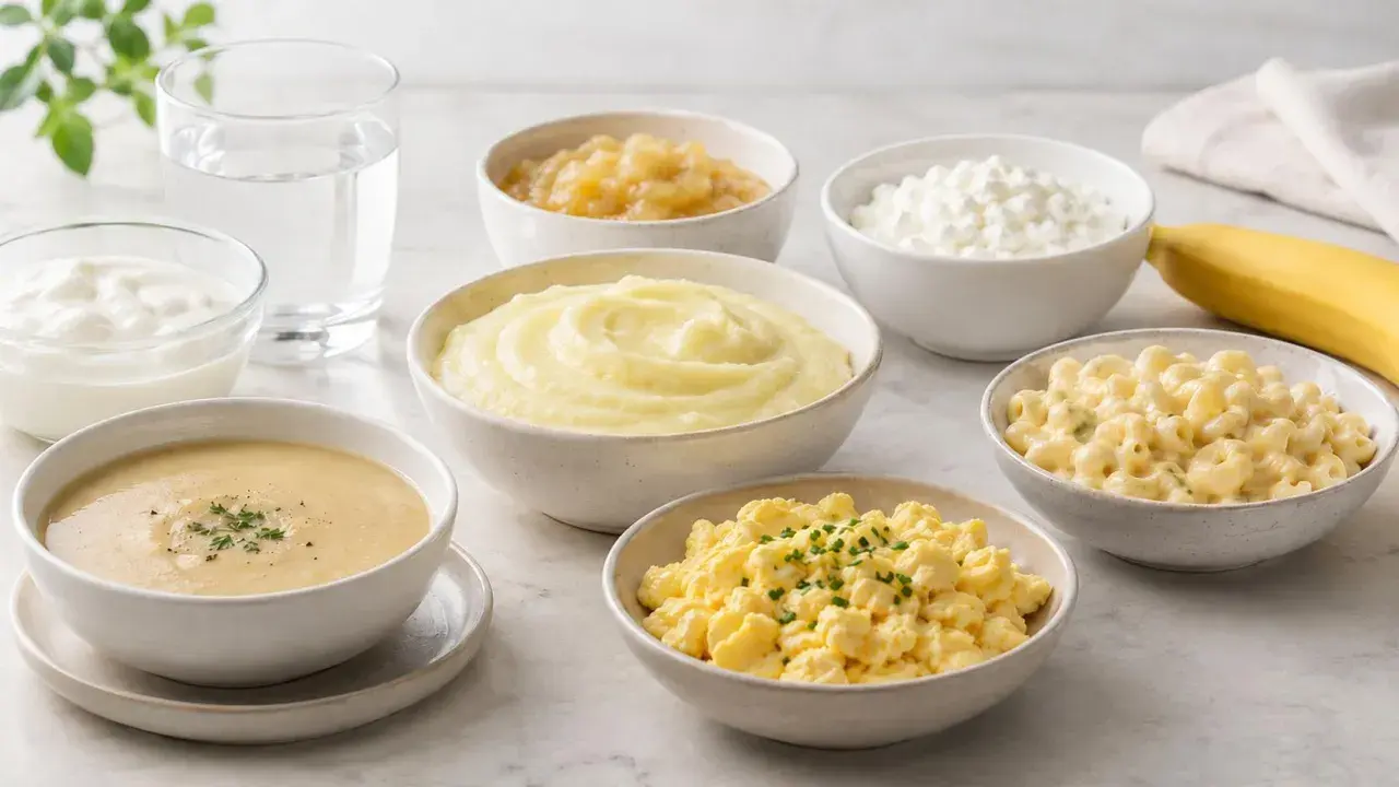 Miękkie jedzenie w dziurze po zębie: puree ziemniaczane, jajecznica, makaron serowy, jogurt, zupa, twaróg, jabłko, banan i woda.