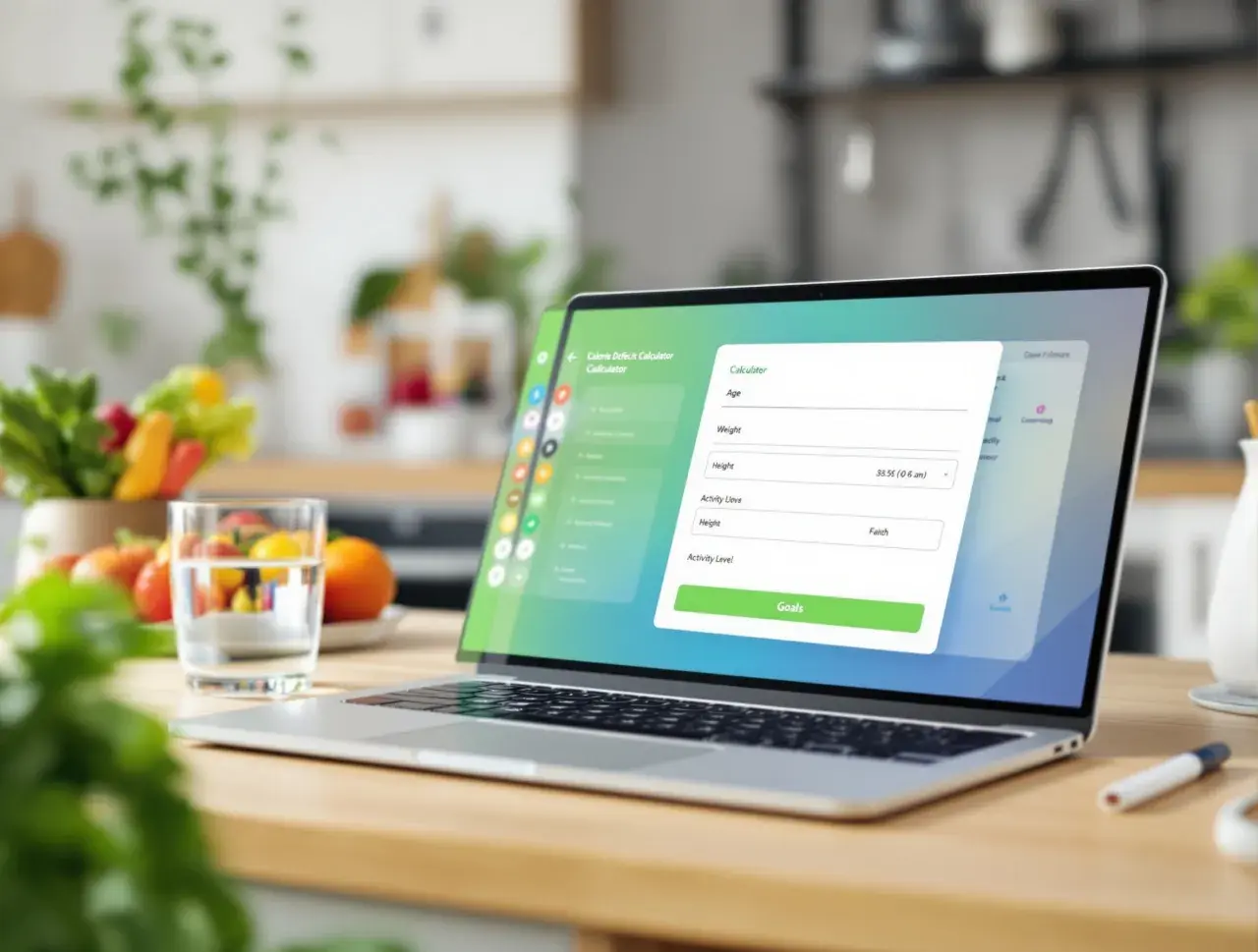 Laptop z kalkulatorem deficytu kalorycznego na ekranie, obok szklanka wody i warzywa. Jak obliczyć deficyt kaloryczny?