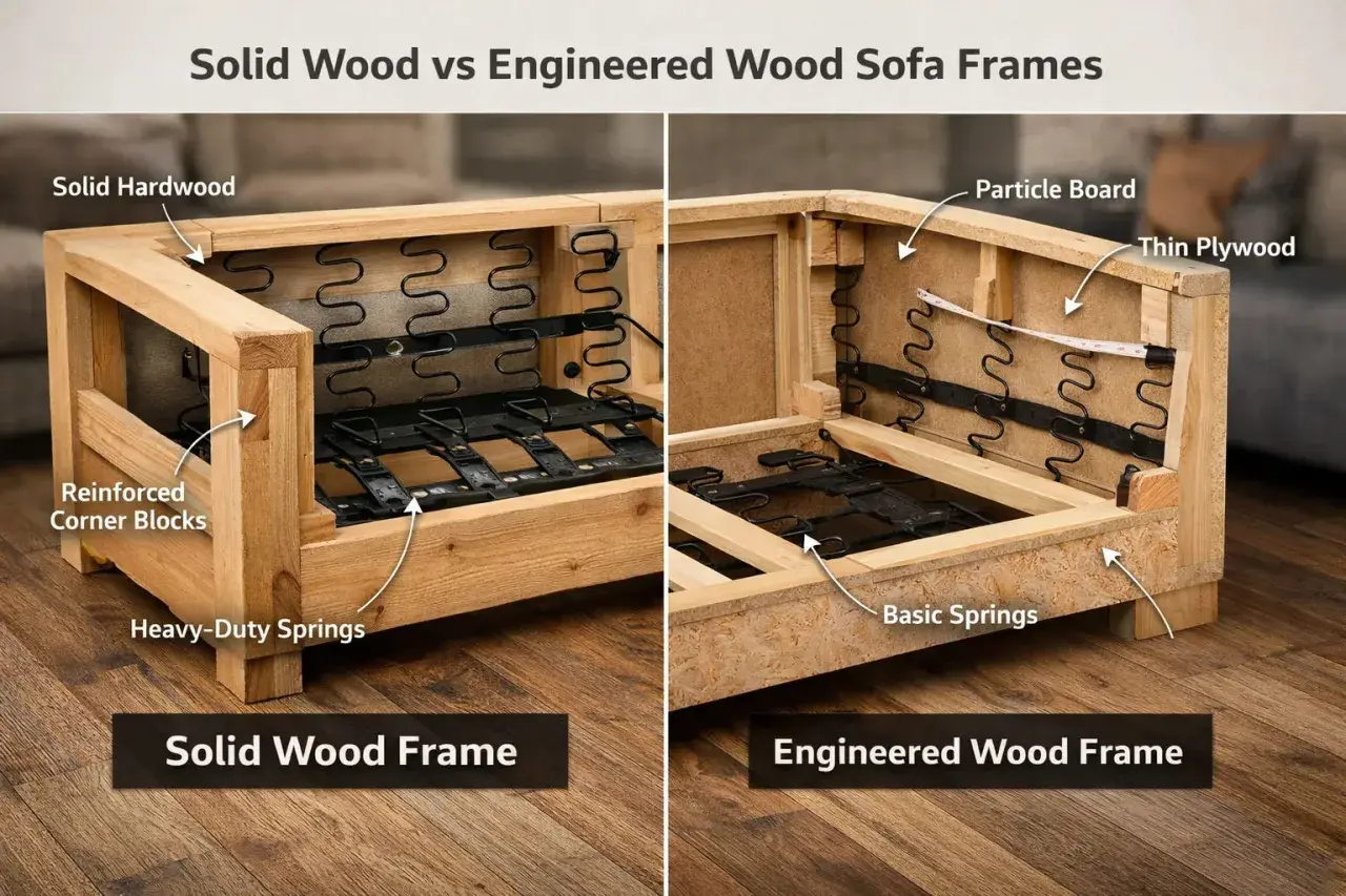 Comparing solid hardwood sofa frames with reinforced corners and heavy-duty springs to engineered wood frames made of particle board and thin plywood.