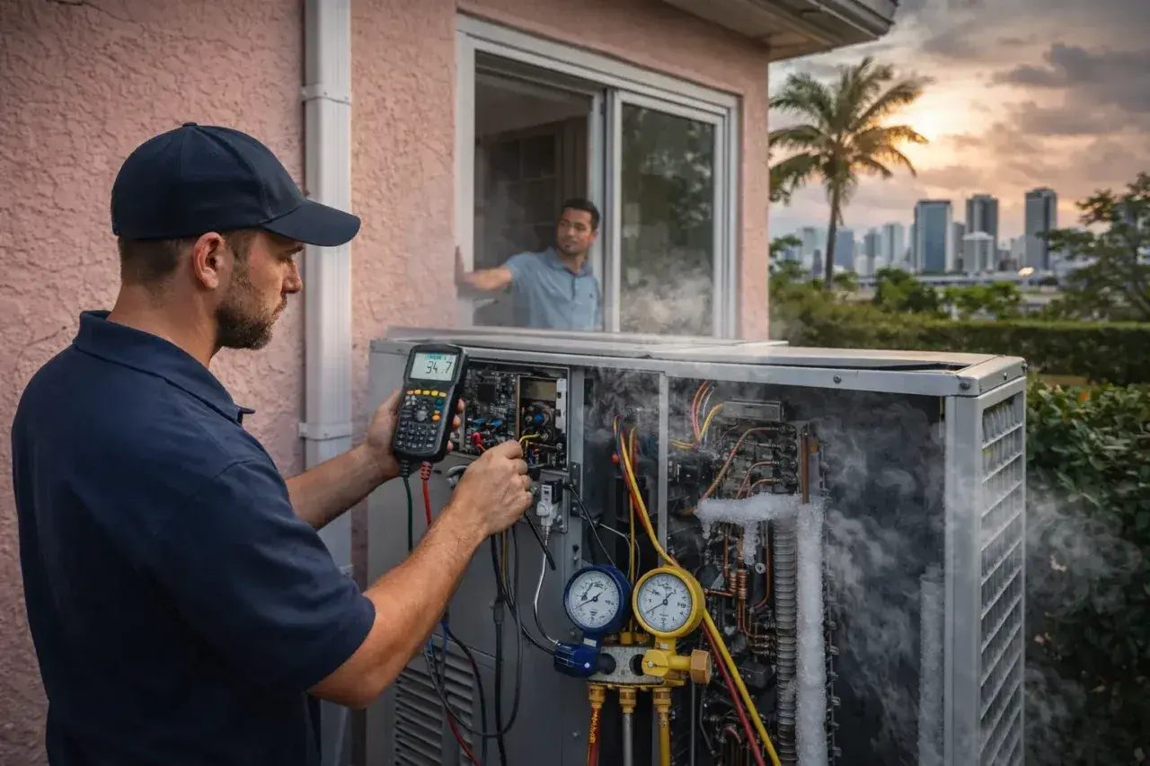 Técnico revisa unidad de aire acondicionado con humo y hielo, indicando sobrecalentamiento del compresor.