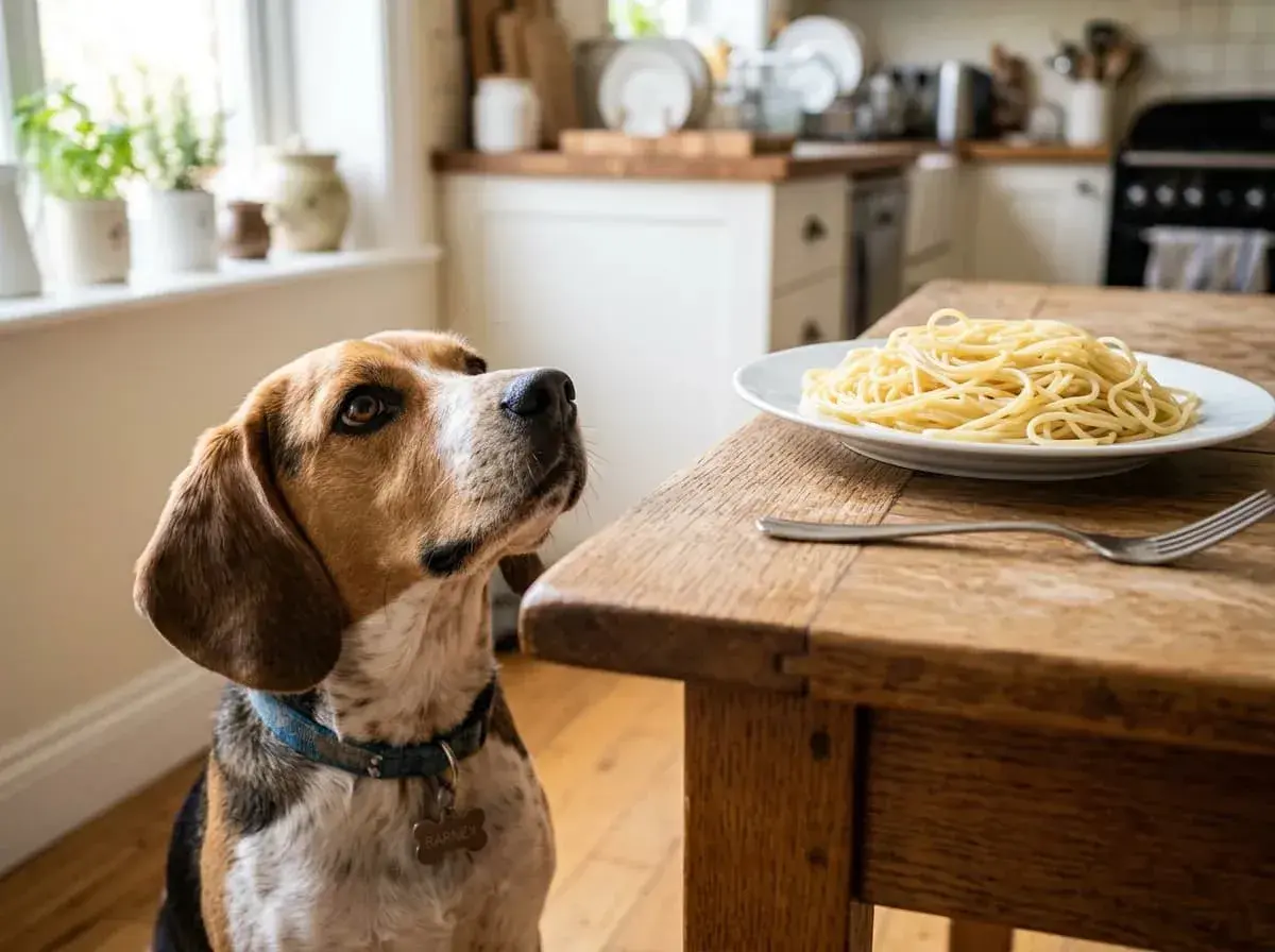 A beagle looks longingly at a plate of spaghetti, wondering if dogs can eat pasta.